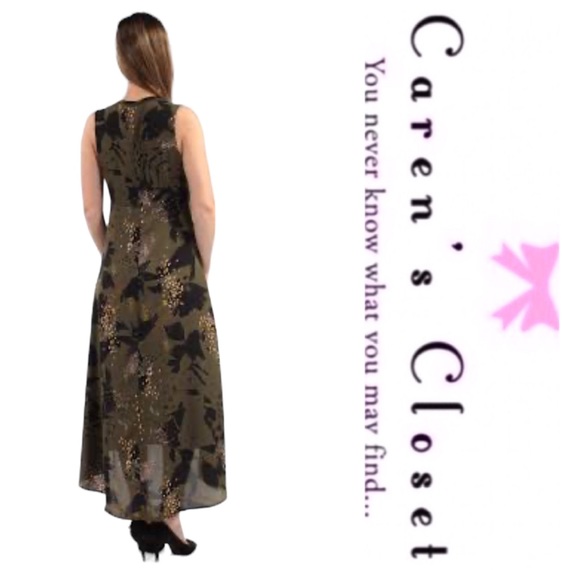 Bar III Olive Green Organic Print Sleeveless High Low Midi Dress - Picture 2 of 11